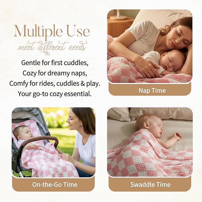 Ultra-Soft Muslin Baby Blanket - Swaddle & Crib for Girls, Pink Checkered (1-Pack)