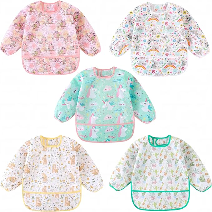 Long Sleeved Bibs, Pack of 5,Lightweight Waterproof Shirt Bibs for Baby Toddler 6-30 Months