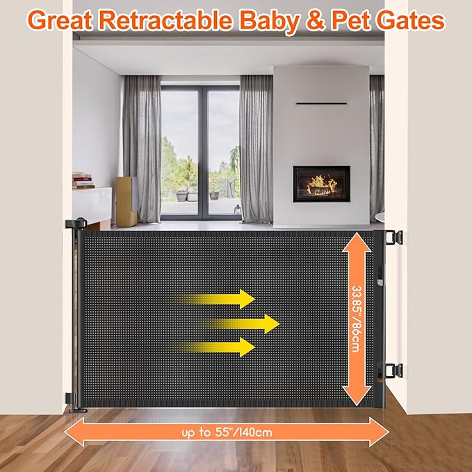 55 inch Retractable Baby Gates, EZIGO Extra Wide Baby Gate for Large Opening Extra Long Mesh Gate for Kids or Pet Dog Gate Child Safety Gate for Stairs Hallways Doorway Indoor Outdoor, Black