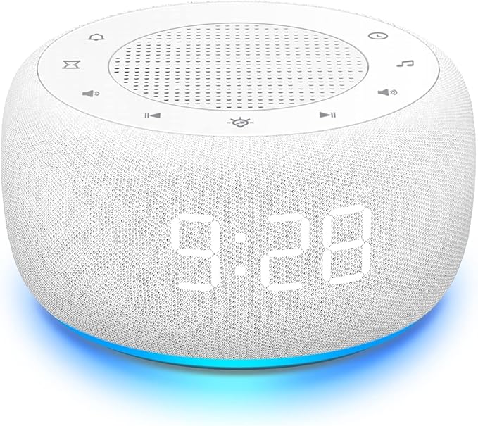 Buffbee Sound Machine & Alarm Clock 2-in-1, 0-100% Clock Face Brightness, Bottom Colored Light, Sleep Timer, Precise 30-Level Volume Control White Noise Machine - White