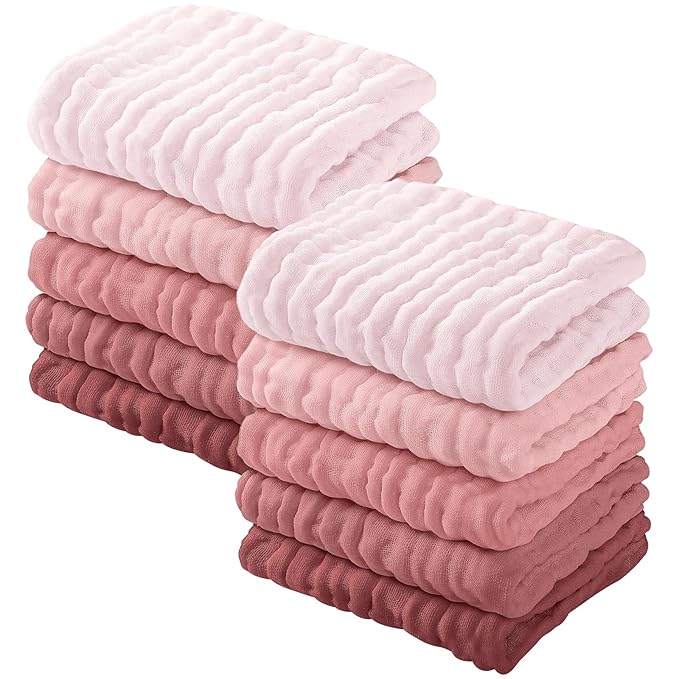 Yoofoss Muslin Baby Washcloths 100% Organic Cotton Face Towels 10 Pack Wash Cloths for Baby 12x12in Soft and Absorbent Baby Wipes (Gradient Pink)