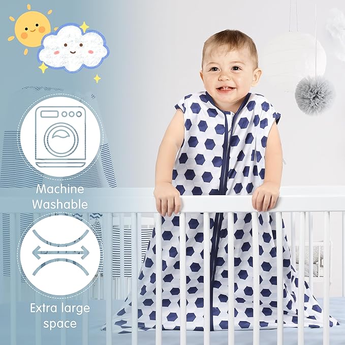 3 Pack Baby Sleep Sack 100% Rayon Cotton Baby Sleeping Bag 2-Way Zipper Toddler Wearable Blankets TOG 0.3. (Soccer&Triangles&Blue, 0-6 Months)