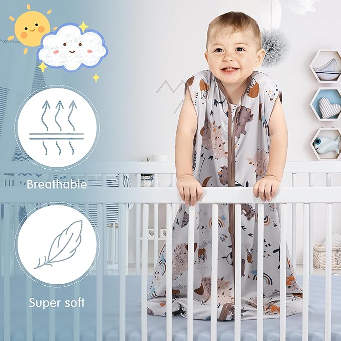 3 Pack Baby Sleep Sack 100% Rayon Cotton Baby Sleeping Bag 2-Way Zipper Toddler Wearable Blankets TOG 0.3. (Fox&Dinosaurs&Dark gray, 12-18 Months)