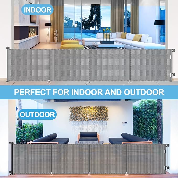 Upgrade 180 inch Retractable Baby Gates, EZIGO Extra Wide Baby Gate for Large Opening Extra Long Mesh Gate for Kids or Pet Dog Gate Child Safety Gate for Stairs Hallways Doorway Indoor Outdoor, Gray