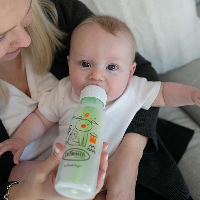 Dr. Brown's Natural Flow Anti-Colic Options+ Narrow Baby Bottle, Pig & Frog, 8 oz/250 mL, with Level 1 Slow Flow Nipple, BPA Free, 0m+, (Pack of 12)