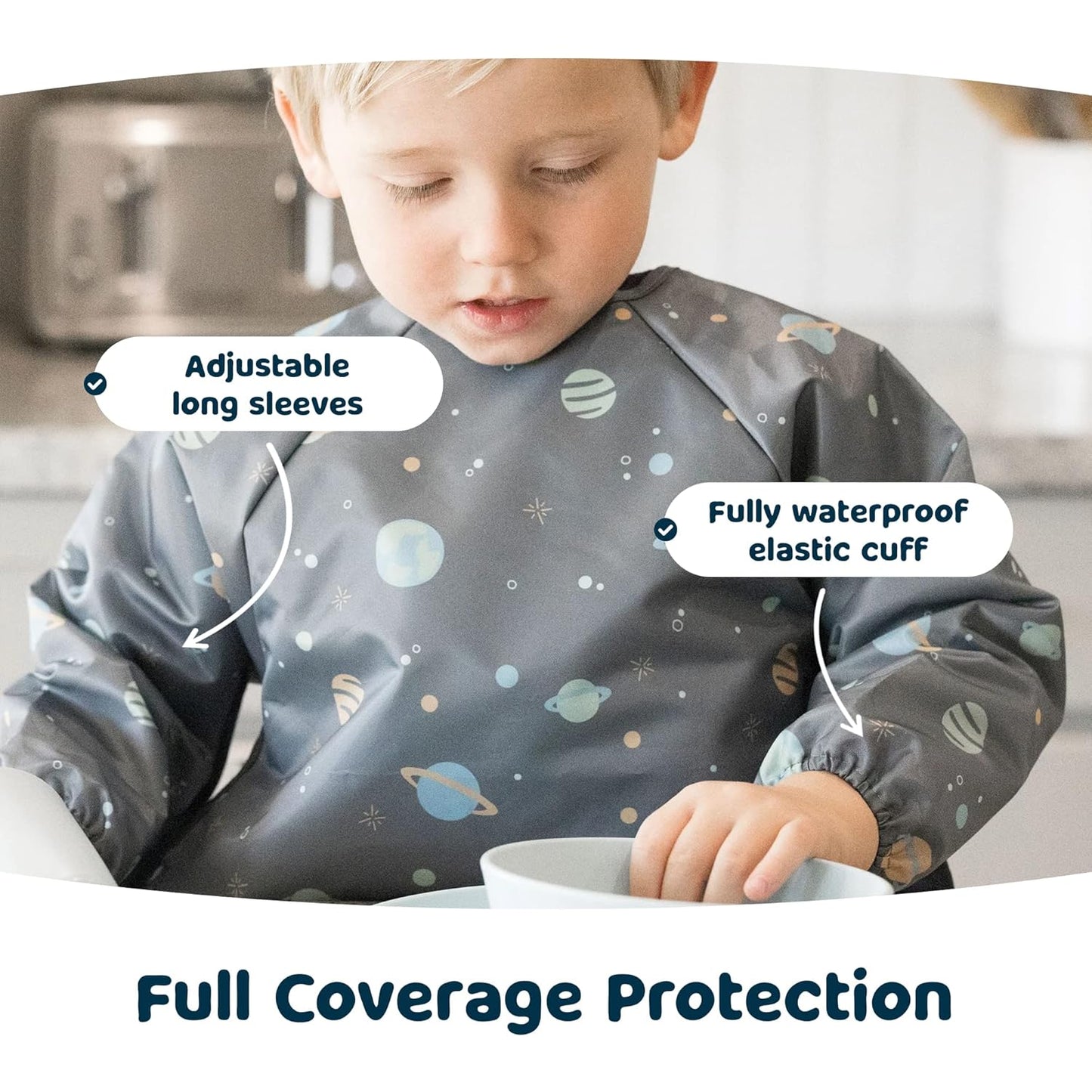 Tiny Twinkle Mess Proof Baby Bib,Waterproof Smock Baby Bib for Eating,Machine Washable Long Sleeve Bib,Baby Led Weaning,Toddler Bib,BLW Supplies(Space, Large 2-4 Years)