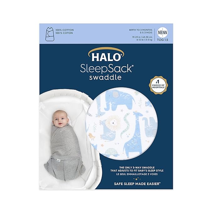 HALO 100% Cotton Sleepsack Swaddle, 3-Way Adjustable Wearable Blanket, TOG 1.5, Blue Safari, Small, 3-6 Months