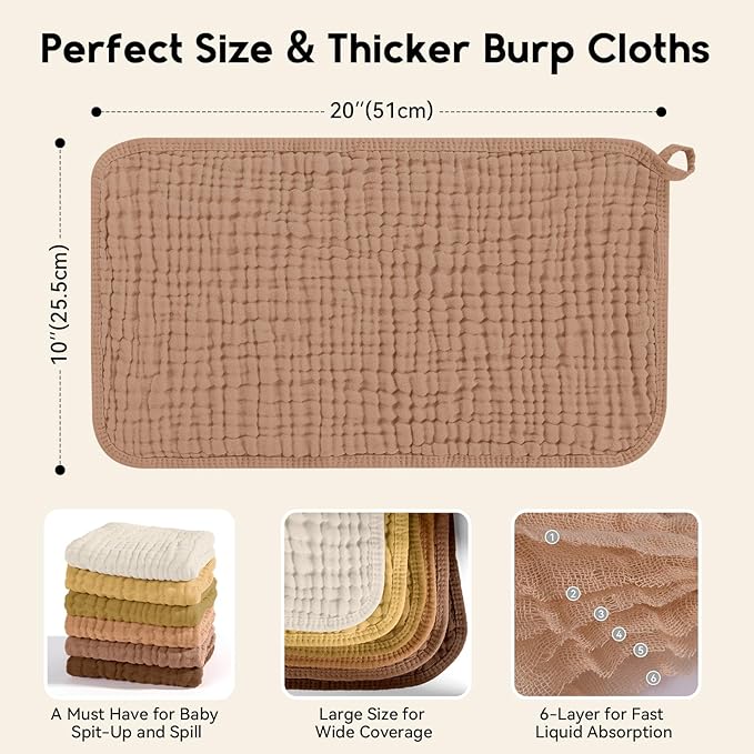 Muslin Burp Cloths for Baby 100% Cotton Burping Cloths for Boys Girls Large 20''X10'' Extra Soft and Absorbent 12 Pack - Gradient Brown