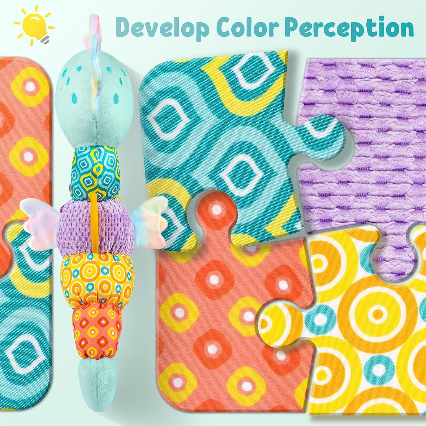 LIGHTDESIRE Baby Toys Musical Seahorse,Infant Stuffed Animal Toys with Crinkle and Rattles,Soft Sensory Toys with Textures for Tummy Time Newborn Boys Girls 0 3 6 12 Months(Blue)