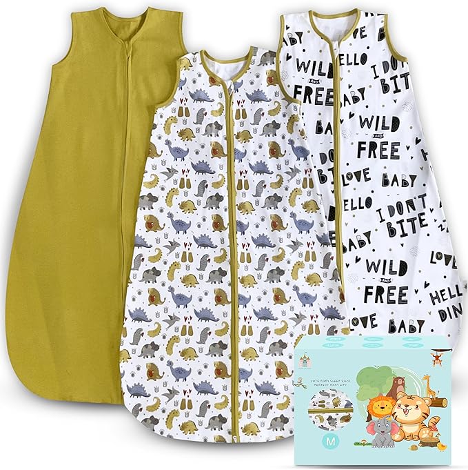 Cute Castle Baby Sleep Sack 6-12 Months - Lightweight 100% Cotton 2-Way Zipper TOG 0.5 Infant Wearable Blanket, Newborn Essentials Toddler Sleep Clothes, 3 Pack(Honey, Dinosaurs, Letters)