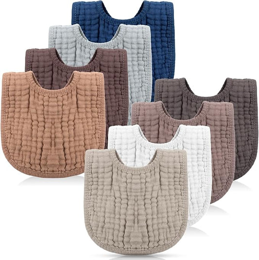 Frienda 8 Pcs Muslin Baby Bibs Cotton Bandana Drool Bibs Bulk for Newborn Infant 6 Absorbent Layers Feeding Accessory