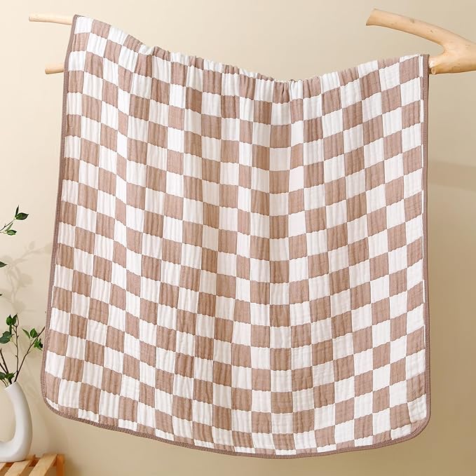 Ultra Soft Muslin Baby Blanket,A Versatile Swaddle and Bed Blanket for Babies, Toddlers, Boys, and Girls (1 Coffee Checkered 1 Pack).