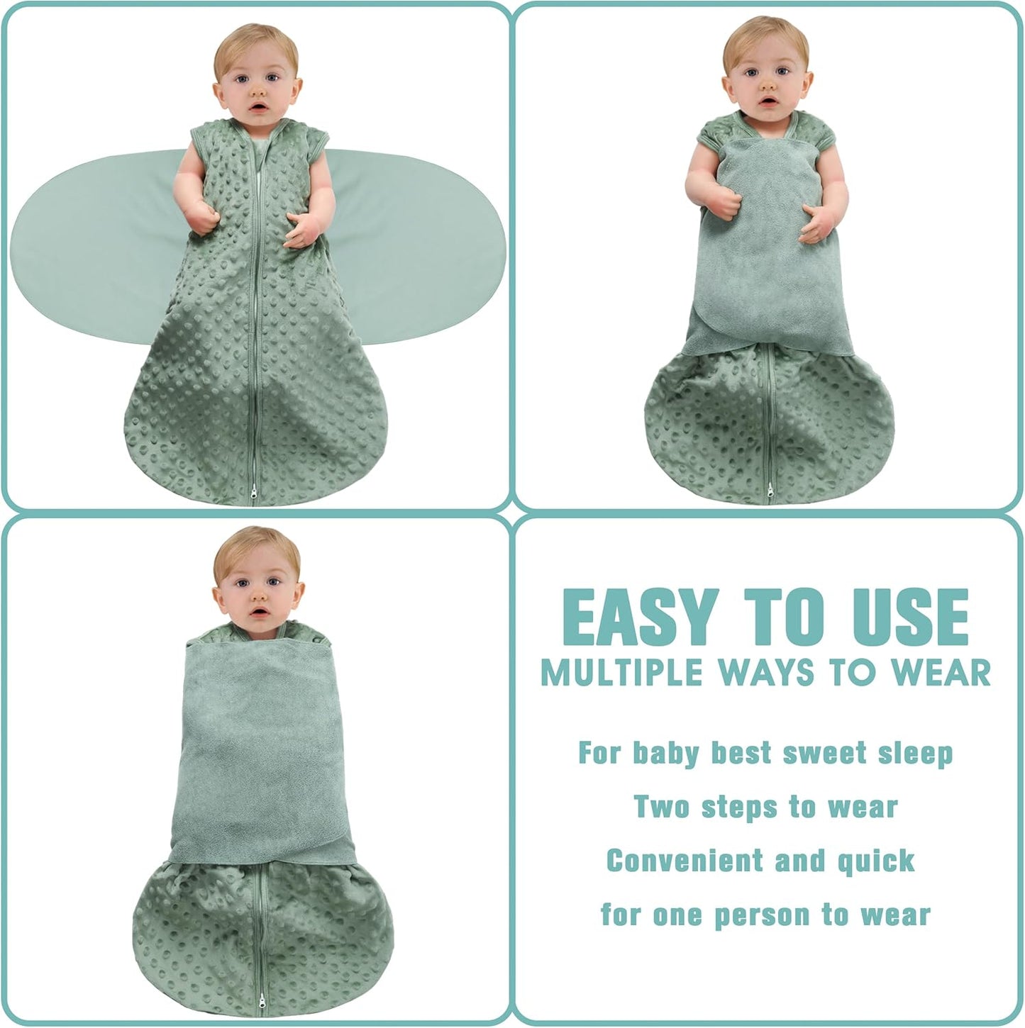 Fleece Newborn Sleep Sack Baby Swaddle,3-Way Adjustable Wearable Blanket,2 Pack Fleece Swaddling Sleeping Bag TOG 2.0， (Blue&Green, 3-6 Months)