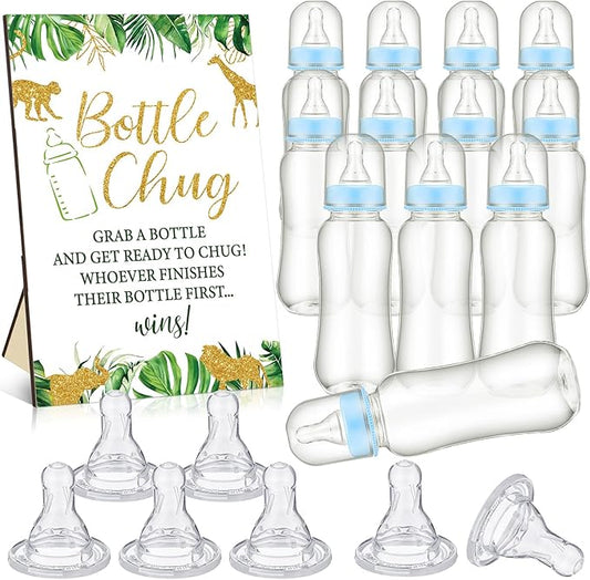 TrelaCo Safari Cool Baby Shower Games Bottle Chug Sign Wooden Jungle Animals Theme Gift Sets Gender Reveal Party Favors and 12 Pcs Baby Bottle Shower Favor for Games Gender Reveal