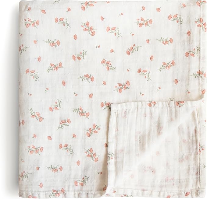 mushie Muslin Baby Swaddle Blanket | 100% Organic Cotton (Pink Flowers)