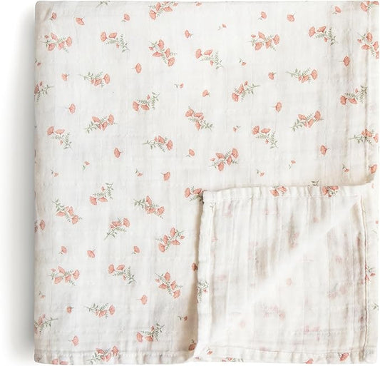 mushie Muslin Baby Swaddle Blanket | 100% Organic Cotton (Pink Flowers)