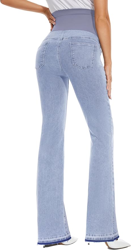 GLAMIX Women's Stretch Maternity Bootcut Jeans with Pockets Over The Belly Bell Bottoms Flare Denim Pants Pregnancy Clothes