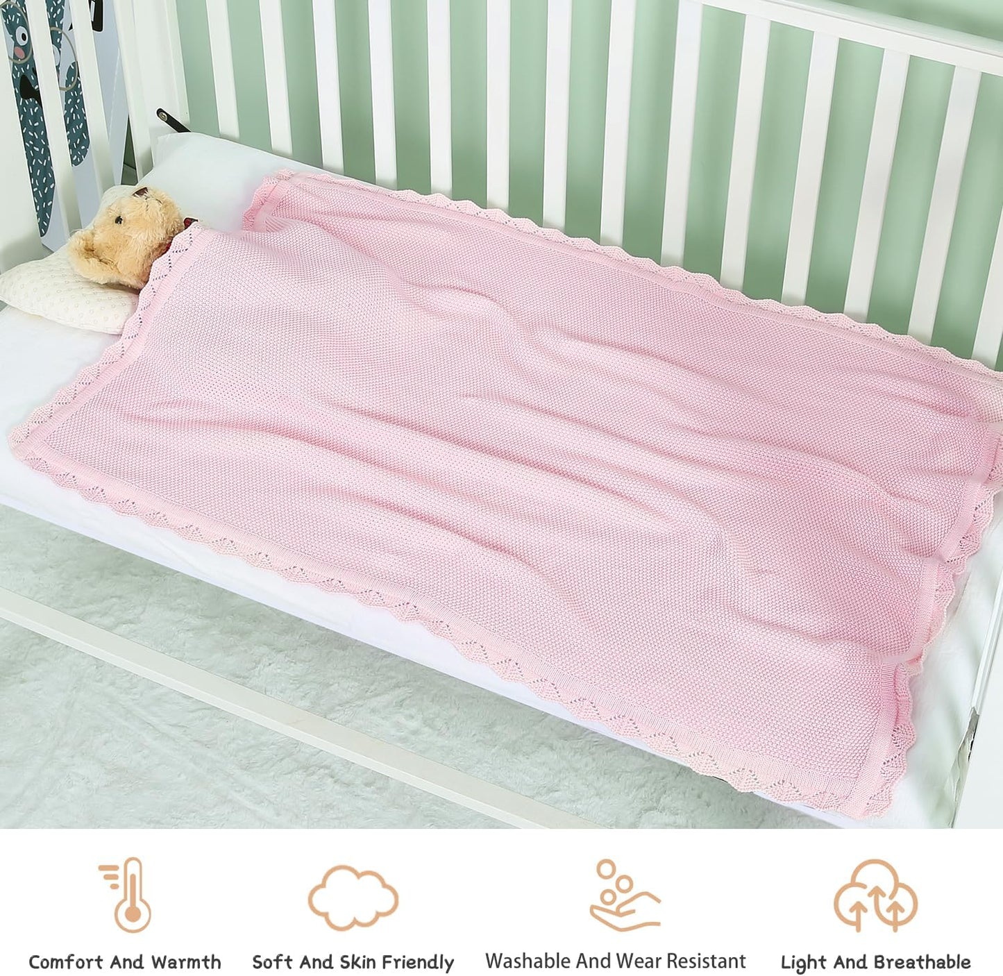 100% Cotton Baby Blanket Knit Soft Warm Lace Toddler Newborn Nursery Blanket,30 x 40 Inches, Light Pink