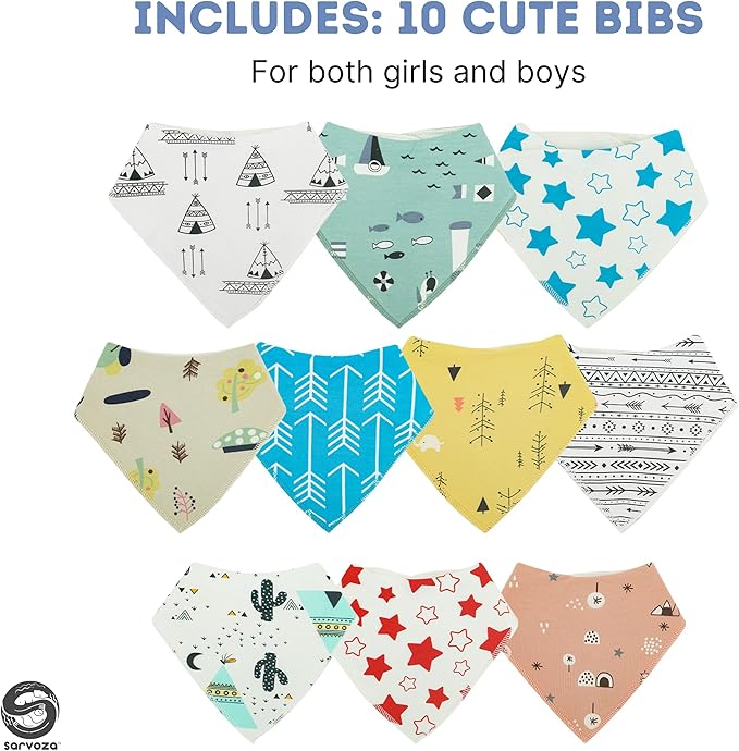 10pcs Baby Bandana Drool Bibs - Age 3 to 24 Months - Ultra Absorbent Organic Cotton Drooling Baby Bibs for Boys and Girl - Safe Nickel Free Snaps For Teething Protection - Unisex Bib Set