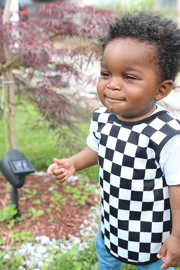 BapronBaby Black Checkerboard Bapron - No Neck Tie Safer Bib for Baby & Toddler - Soft Waterproof Stain Resistant - Machine Washable - Sz Baby/Toddler 6m-3T