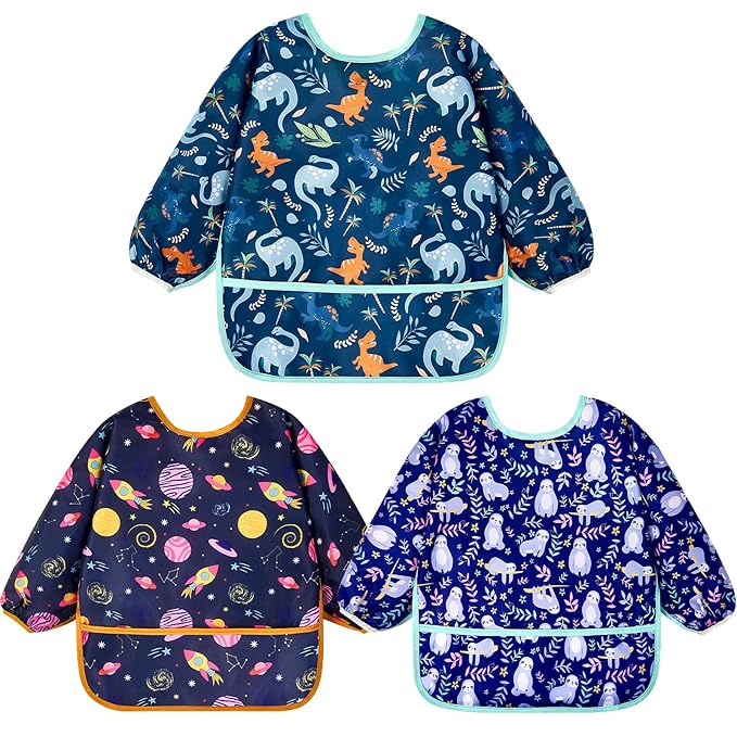 Lictin 3 Packs Baby Bibs for Boy or Girl, Cute Long Sleeve Bib, Waterproof Bibs for Toddlers,Adjustable Closure Baby Smock, Mess Proof Baby Bib, 6-24 Months Reusable Infant Baby Bibs