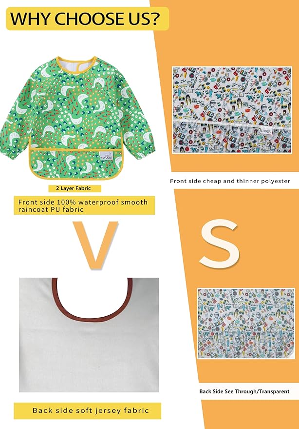 2 Pack Baby Bibs for Boy,Baby Bibs for Eating,Mess Proof Baby Bib,Full Sleeve Bib,Waterproof Bib for Toddlers