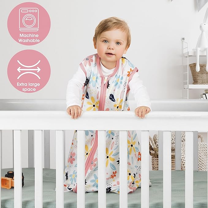 3 Pack Baby Sleep Sack 12-18 Months 100% Rayon Cotton Baby Sleeping Bag 2-Way Zipper Toddler Wearable Blankets Comfy Stretchy Lightweight TOG 0.3 （Heart&Pink&Floral）