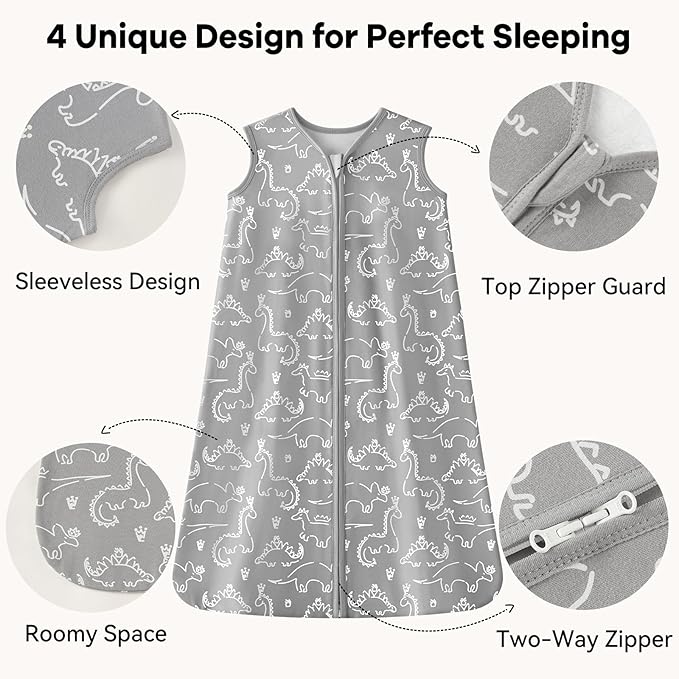 Baby Sleep Sack 6-12 Months 1.0 Tog Baby Wearable Blanket 100% Cotton Sleeping Sack with 2-Way Zipper for Infant Newborn Gray White Dinosaur