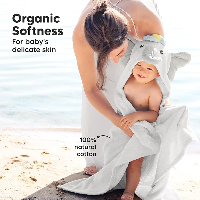 KeaBabies Organic Baby Towel with Hood for Girls, Boys - Soft, Absorbent, 100% Cotton Hooded Baby Towels for Newborns, Infants, Large Hooded Bath Towels for Babies, Kids, Toddler 1-3 (Ethan)