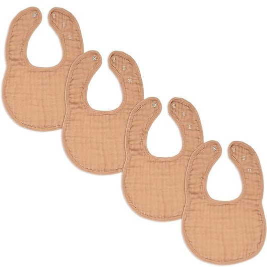 Comfy Cubs Muslin Bibs for Babies, Pack of 4 - Soft and Highly Absorbent, Feeding, Drool and Teething Bib, Adjustable Snaps - Stylish & Colorful Unisex Designs, Giftable Set - Caramel