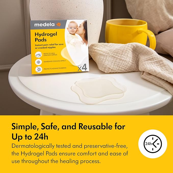 Medela Hydrogel Pads, Instant Pain Relief for Cracked or Sore Nipples from Breastfeeding and Pumping, Cooling Moisture Supports Natural Healing, Pack of 4