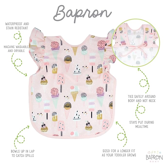 BapronBaby Flutter Pink Ice Cream Bapron - No Neck Tie Safer Bib for Baby & Toddler - Soft Waterproof Stain Resistant - Machine Washable - Sz Preschool 3-5yrs