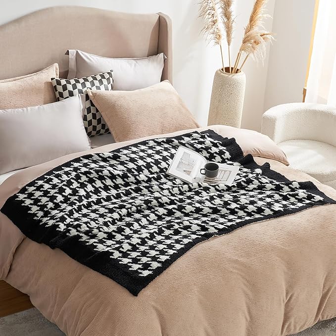 Snuggle Sac Houndstooth Throw Blanket for Couch, Reversible Super Soft Warm Blankets Cozy Knit Fuzzy Plush Lightweight Throws for Sofa, Bed, Camping, Black,50x60 inches