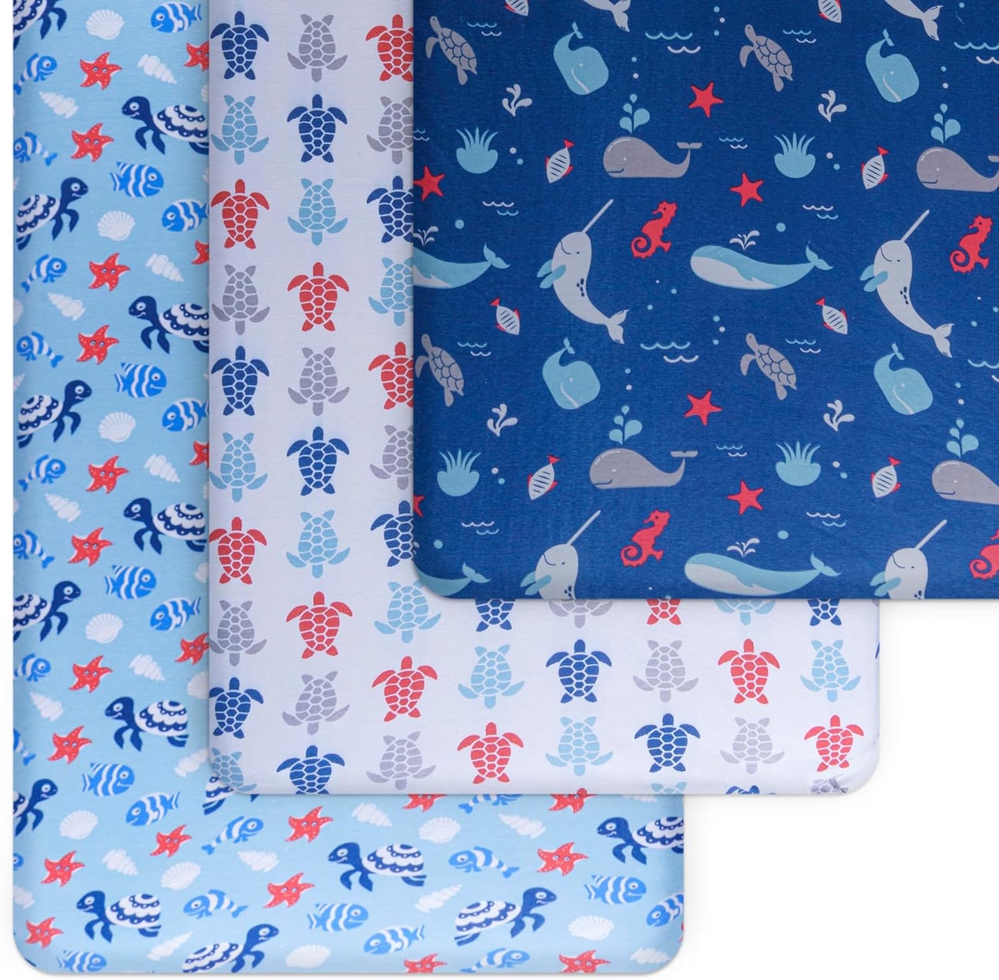 GROW WILD Blue Ocean Baby Crib Sheets for Boys (3 Pack) - Jersey Knit Fitted Sheet (52" x 28"), Toddler Bedding Set & Baby Boy Crib Bedding Set, Turtles and Sea Animals Theme