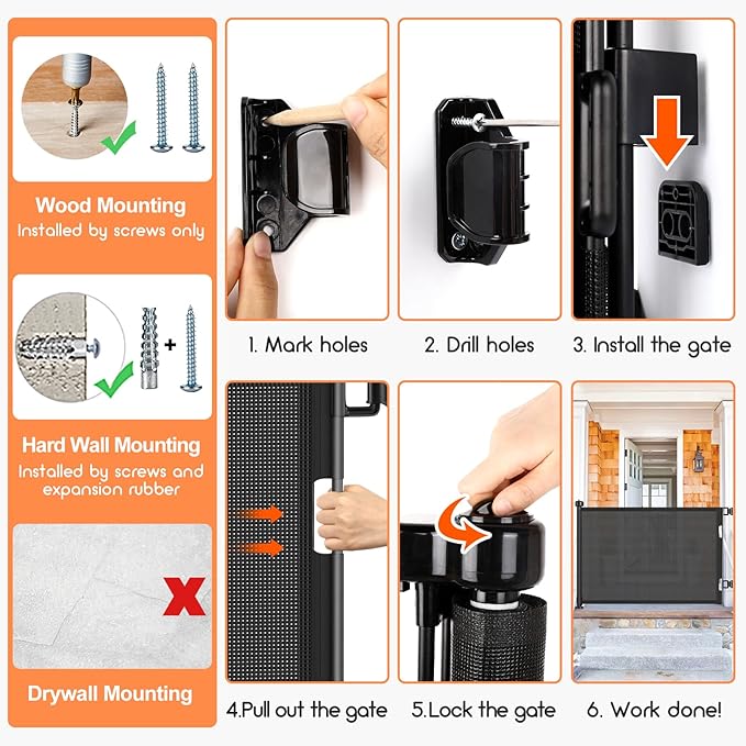 55 inch Retractable Baby Gates, EZIGO Extra Wide Baby Gate for Large Opening Extra Long Mesh Gate for Kids or Pet Dog Gate Child Safety Gate for Stairs Hallways Doorway Indoor Outdoor, Black