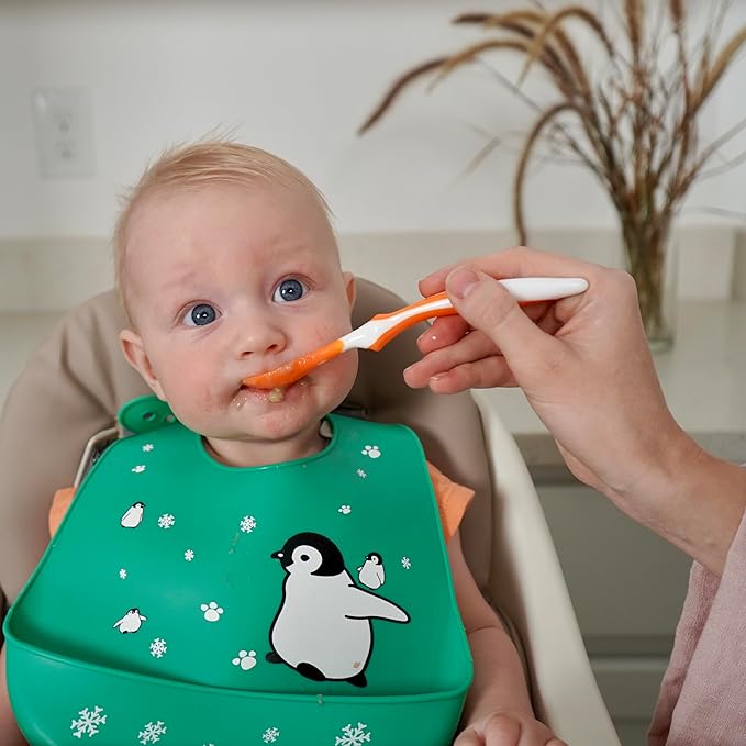 Silicone Baby Bibs Unisex, Self-Feeding, Catch-all Large Pocket, 6-48 months, BPA-Phthalate Free, w/Travel Case