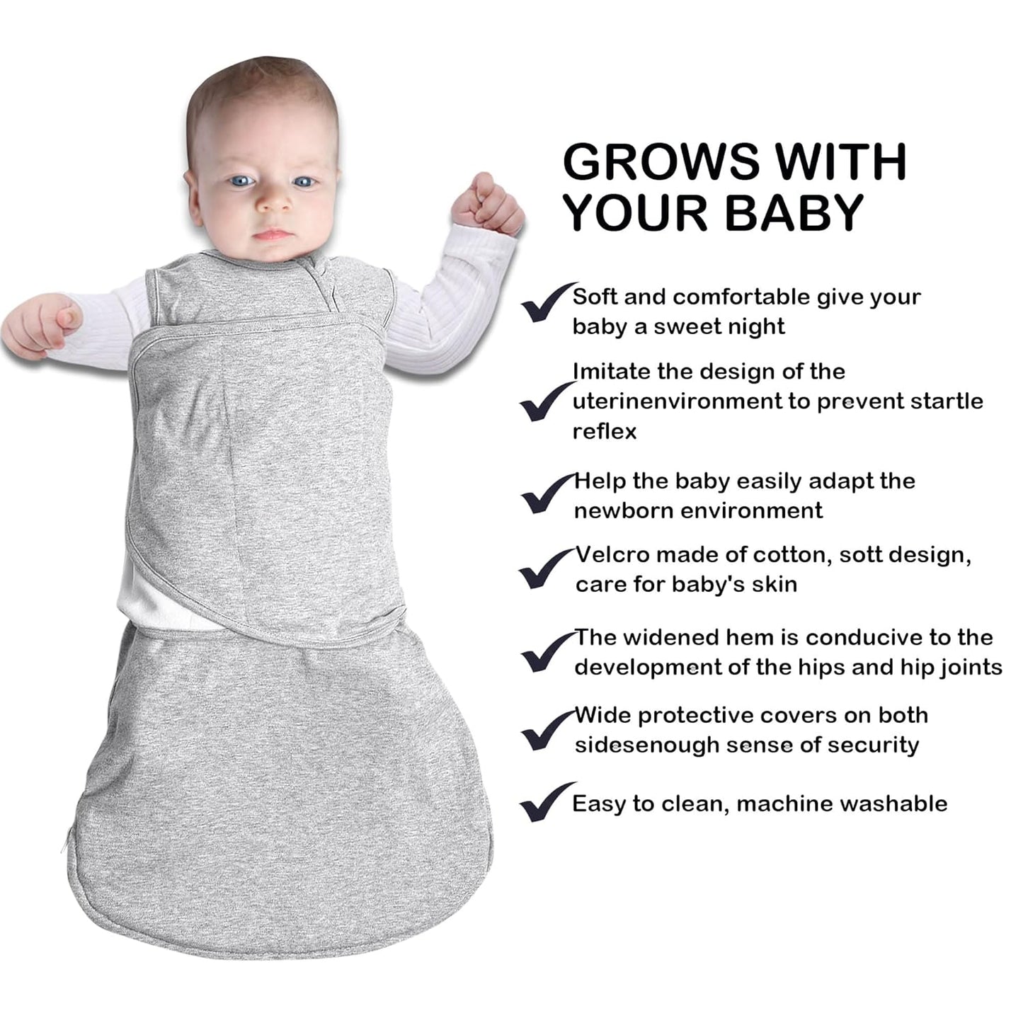 Baby Sleep sack Swaddle,Sleep Sack 3-6 Months,3-Way Adjustable Wearable Transition Swaddles Blanket Boy And Girl,100% Cotton,TOG 1.0(Grey)