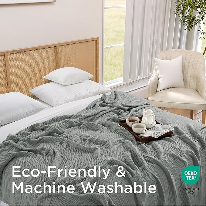 Threadmill Summer Muslin Blanket Queen | 4 Layer 100% Cotton Gauze | Soft, Breathable, and Cozy for All Seasons | Lightweight Blanket Fits Full Size Bed | Scottish Grey