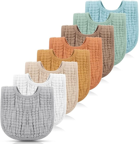 Frienda 8 Pcs Muslin Baby Bibs Cotton Bandana Drool Bibs Bulk for Newborn Infant 6 Absorbent Layers Feeding Accessory