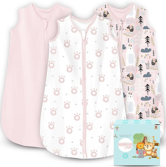 Cute Castle Baby Sleep Sack 0-6 Months - Lightweight 100% Cotton 2-Way Zipper TOG 0.5 Infant Wearable Blanket, Newborn Essentials Toddler Sleep Clothes, 3 Pack(Pink, Bear, Bear Claw)