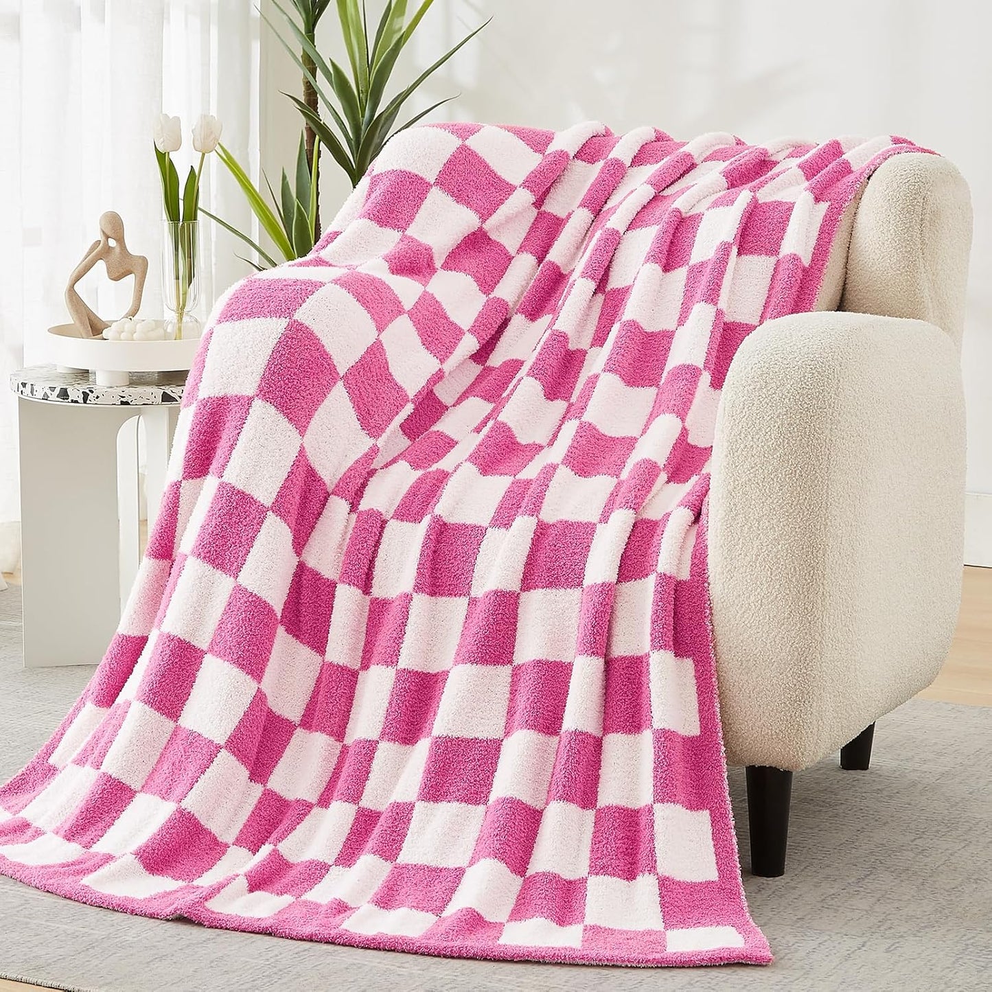 WRENSONGE Checkered Throw Blanket, Hot Pink Soft Cozy Fluffy Warm Hand Made Throw Blankets for Couch, Sofa, Chair, Bed, Camping, Picnic, Travel Lightweight Bed Blanket - 50"*70"