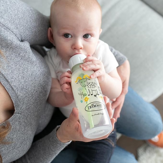 Dr. Brown's Natural Flow Anti-Colic Options+ Narrow Baby Bottle, Squirrel & Goat, 8 oz/250 mL, with Level 1 Slow Flow Nipple, BPA Free, 0m+, 2-Pack