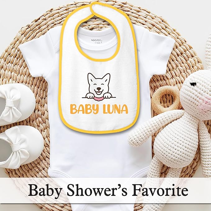 Personalized Baby Bib – Soft Cotton Terry, Cute Jindo Dog Design with Custom Text (1-2 Lines) – Newborns & Toddlers
