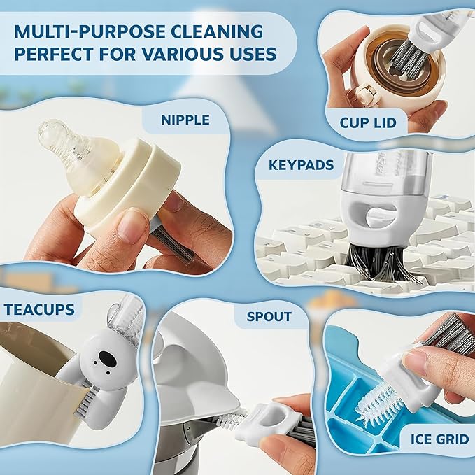 Cup Lid Cleaning Brush, Multifunctional Set with 3 in 1 Lid Cleaner and Two 4 in 1 Cup Lid Cleaning Brushes, Cleaning Brush Tool for Bottles, Straws, Tumblers, Travel Mug Caps, Portable Kit (Blue)