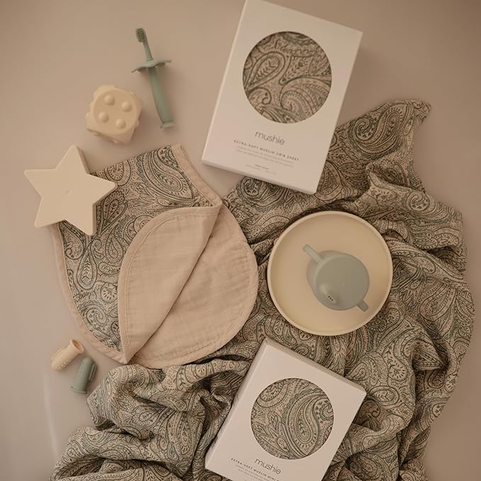 mushie Muslin Baby Burp Cloths | 100% Organic Cotton, Set of 2 (Green Paisley/Fog)