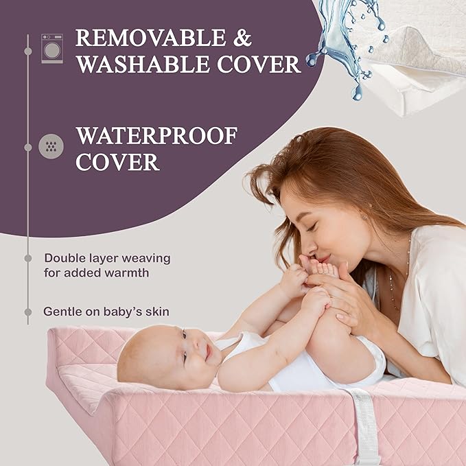 Organic Cotton Contoured Baby Changing Pad w/Waterproof Foam Mattress, Includes Soft, Removable & Washable Cover, Safety Strap, Non-Slip Bottom, Topper for Standard Size Infant Diaper Table & Dresser