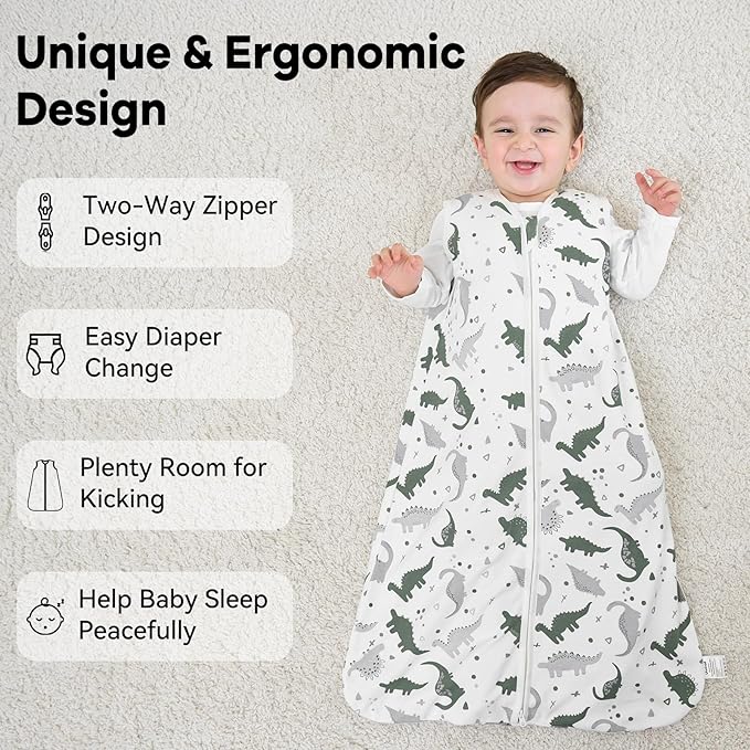 Baby Sleep Sack 12-18 Months 1.0 Tog Baby Wearable Blanket 100% Cotton Sleeping Sack with 2-Way Zipper for Toddler Infant Gray White Dinosaur