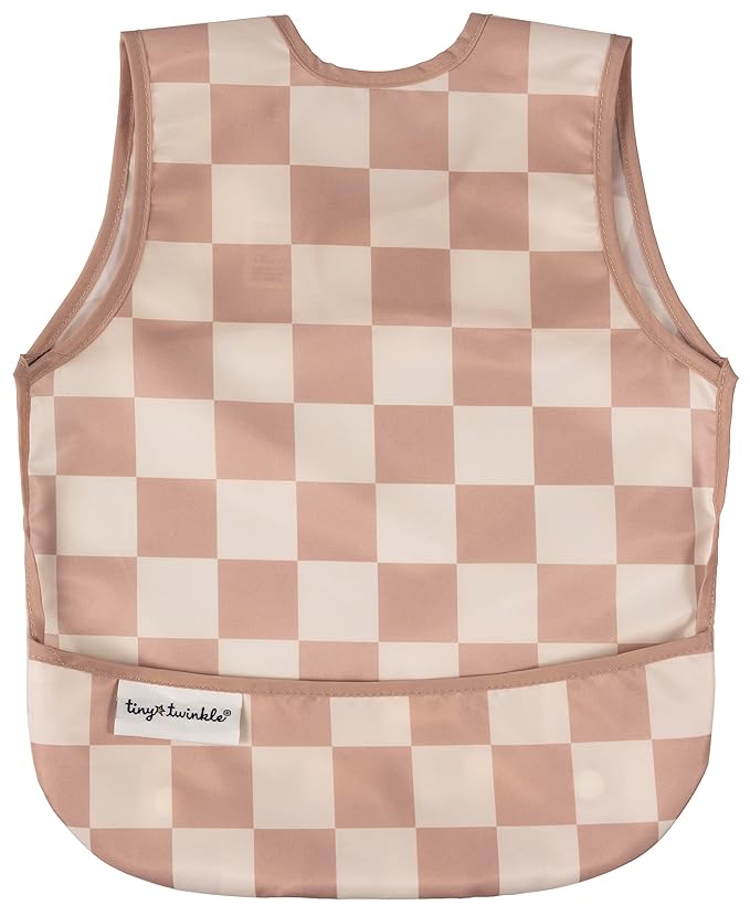 Twinkle Short Sleeve Apron Baby & Toddler Bib – Waterproof, Mess-Proof Bibs for Eating & Feeding, Machine Washable, Perfect Holiday Gift (Brown Checkers, 6–24M)