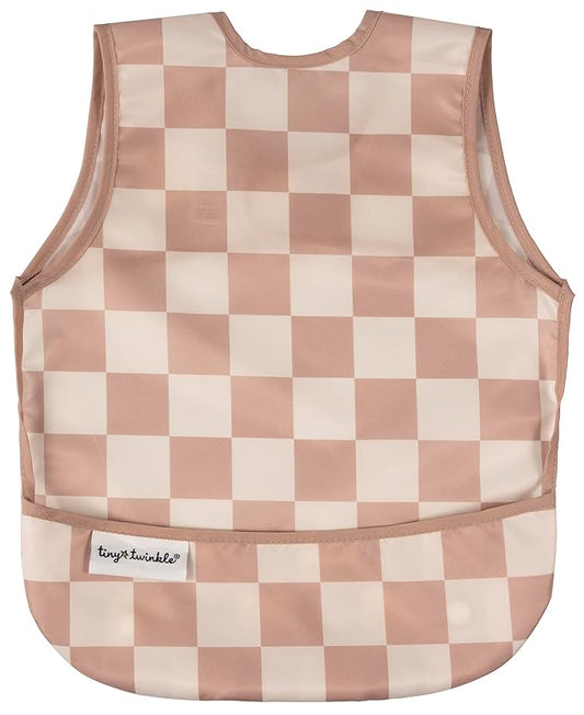 Twinkle Short Sleeve Apron Baby & Toddler Bib – Waterproof, Mess-Proof Bibs for Eating & Feeding, Machine Washable, Perfect Holiday Gift (Brown Checkers, 6–24M)