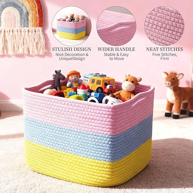 Hopegiver Storage Baskets for Organizing with Handle, Woven Baskets for Shelves - Durable Gift Basket for Cloth Toys Books Baby, Cotton Rope Basket for Dog Cat, 15x11x10 Inch(Pink&Blue&Yellow)